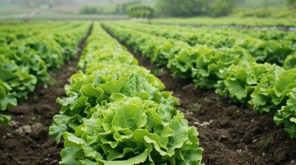 Closeup view of rows of lettuce growing in a welltended field, illustrating sustainable farming practices