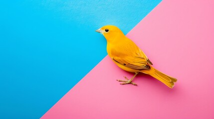 Yellow bird paper on blue and pink background