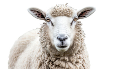 Fototapeta premium Portrait of white fluffy sheep on white background