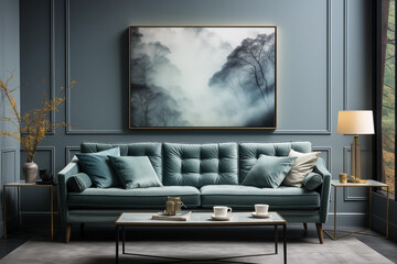 Inviting Modern Living Space Featuring Calming Blue Walls and a Sleek Grey Sofa for the Perfect Relaxation Spot