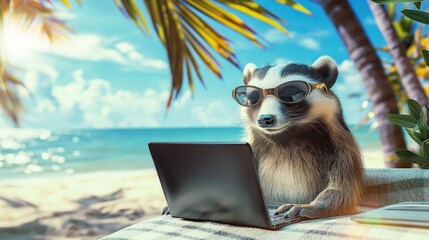 Badger Working on Laptop at Beach.