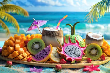 Exotic fruit plate image featuring dragon fruit, kiwi, papaya, and star fruit with tropical drinks in coconut shells with straws and small paper umbrellas.