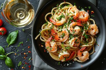 A plate of shrimp pasta with a glass of wine on a table