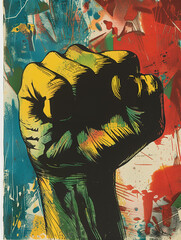 A detailed linocut print features a raised, multicolored fist set against an abstract and vividly colorful background, symbolizing resistance and power.