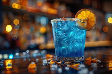 A blue drink with a slice of orange on top