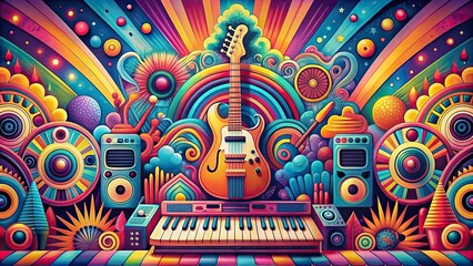 Colorful psychedelic music poster with retro 70s and 80s vibe