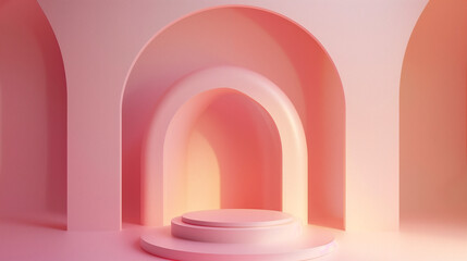 Obraz premium 3D render of an abstract podium in a studio setting against a solid pastel pink background. The podium has an unconventional shape and the scene is illuminated with soft, even lighting. 