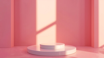 3D render of an abstract podium in a studio setting against a solid pastel pink background. The podium has an unconventional shape and the scene is illuminated with soft, even lighting.
