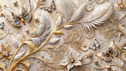 Decorative wall panel with a luxurious marble backdrop adorned with intricate feather and floral designs along with butterfly silhouettes, ideal for adding sophistication to any space
