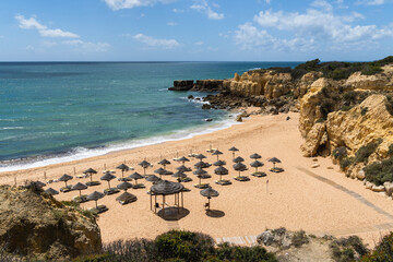 Beautiful sea view of Praia do Castelo beach in Albufeira, Algarve region, Portugal