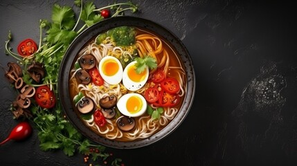 A bowl of ramen soup with noodles, mushrooms, marinated egg and vegetables