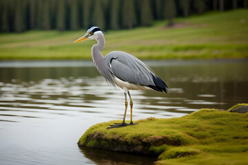 Grey Heron (Ardea cinerea) standing on the edge of a lake