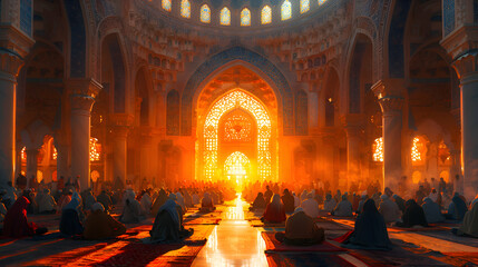 A serene Eid-al-Adha celebration scene with people gathering in front of a backdrop of intricate Islamic patterns, illuminated by soft lights