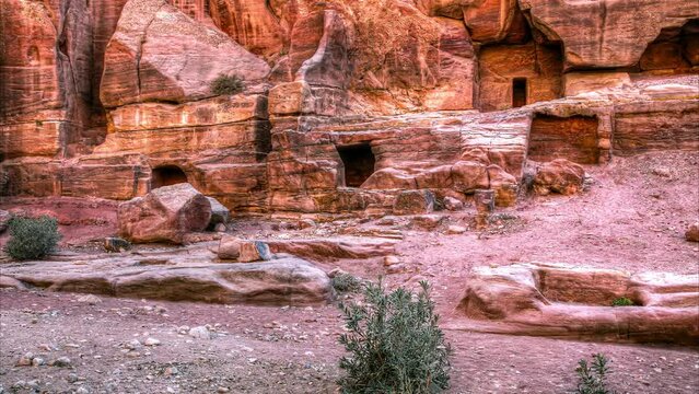 Tombs carved from the rock in the ancient Nabataean rock city of Petra, Jordan