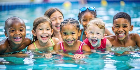 Diverse group of young children smiling and having fun while learning swimming lessons in pool 