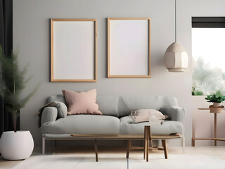 Frame mockup, ISO A paper size. Living room wall poster mockup. Interior mockup with house background. Modern interior design. 3D render