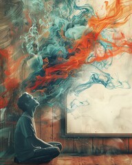 A patient in a therapy session, their thoughts visually represented with chaotic and calm imagery, illustrating the effects of bipolar disorder and the need for psychological help