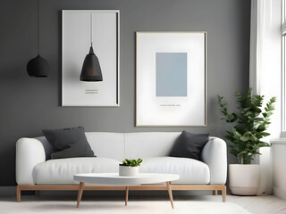 Frame mockup, ISO A paper size. Living room wall poster mockup. Interior mockup with house background. Modern interior design. 3D render