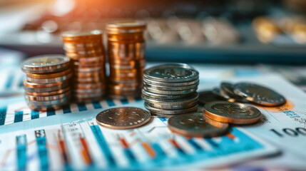 Macro Photography of Stacked Currency Coins and data analytics charts