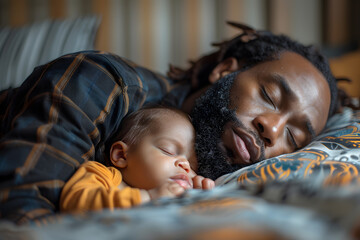 Black man father sleeping with daughter or son child. Caring father hugs his baby tenderly. Father's Day or Children's Day concept