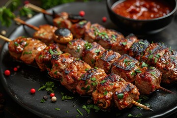 A plate of meat skewers with a bowl of sauce next to it