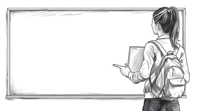 Young Female Student Standing in Front of Classroom Blackboard