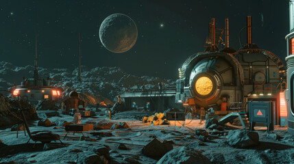 Astronauts navigate a lunar base at night, engaging in various activities with a large moon visible in the distant sky.