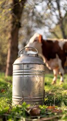 Obraz premium Realistic closeup of a traditional milk can, with a content cow grazing in the background