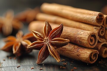 A bunch of cinnamon sticks and a star shaped spice