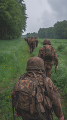 Soldiers in World War II march to the front at the edge of a forest. generative ai