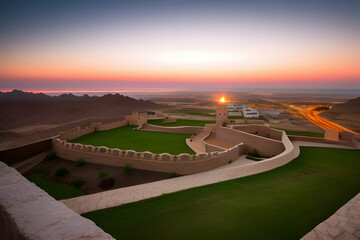 Sunset from top of Nizwa Fort - Sultanate of Oman showing castillations and defensive wall