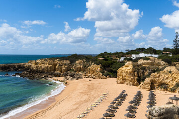 Beautiful sea view of Praia do Castelo beach in Albufeira, Algarve region, Portugal
