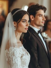 Naklejka premium A beautiful moment of a wedding ceremony. The focus is on a bride and groom standing side by side, facing forward with serene and composed expressions. 