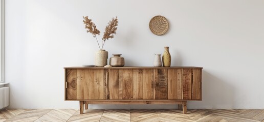 A sideboard in wooden style stands against the white wall, in a minimalistic interior with light wood flooring and decorative objects on top of it