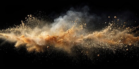 Flying debris and dust particles creating a dynamic effect, isolated on background