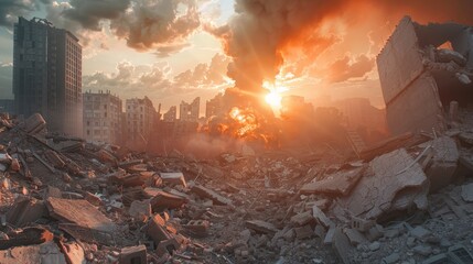 Destroyed city, explosion in the background. Piles of destroyed concrete blocks of house walls and mangled metal, dramatic sky. Concept of military confrontation. World war and apocalypse concept.