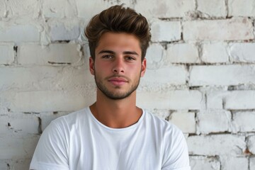 Handsome male model with stylish hair stands casually against a textured brick background