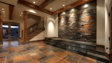 Elegant modern foyer with a dramatic stone tile feature wall and rustic wooden beams, illuminated by recessed lighting