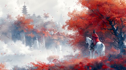 A lone samurai rides through a forest of red trees. The samurai is wearing a red cape and a white horse. The forest is filled with mist and the samurai is looking for something.