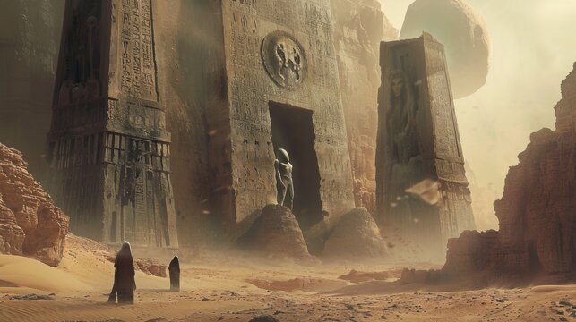 Mysterious monolithic structures stand tall in a vast desert as two cloaked figures walk toward them in the fading light. - Powered by Adobe