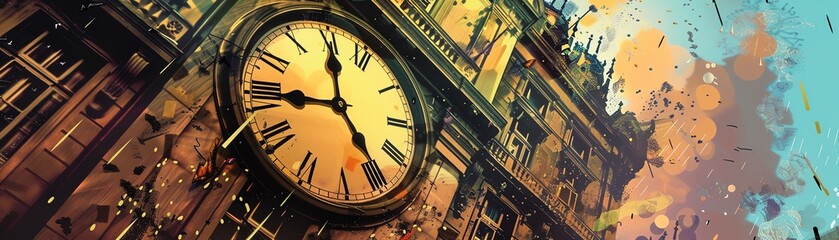 Fototapeta premium A beautiful painting of a clock tower with a large clock face