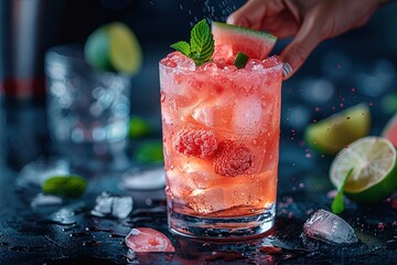 A person is pouring a drink into a glass with a garnish of mint and raspberries