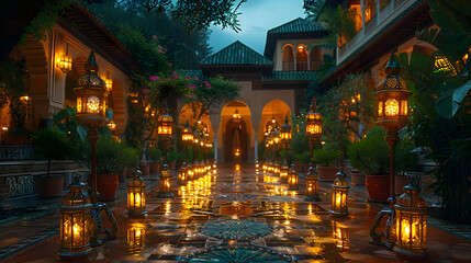 A serene night scene with traditional oil lamps glowing softly, illuminating the Eid-al-Adha...