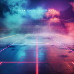 beautiful sports stadium with a green grass field shines with blue spotlights at night with stars. Sports tournament, world championship