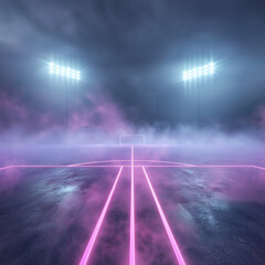 beautiful sports stadium with a green grass field shines with blue spotlights at night with stars. Sports tournament, world championship