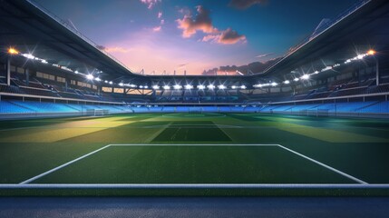 Empty soccer stadium at dusk, anticipation of the match, sports and architecture