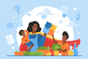 Happy family, busy mother superhero play with kids. Super mom wearing cape of hero playing fun puzzle game with sons in kitchen while cooking, multitasking woman heroine cartoon vector illustration