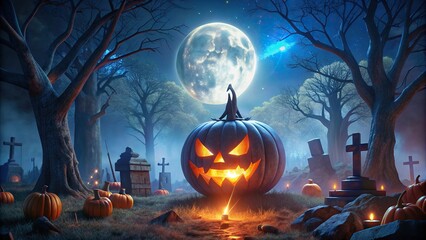 Halloween pumpkin head jack lantern glowing in a spooky forest under a full moon on a wooden table, with pumpkins in a graveyard at night