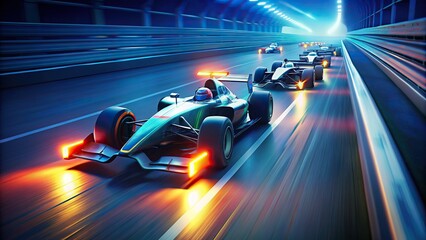 High-speed Formula 1 cars on a racetrack 
