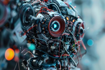 Fototapeta premium close-up view of a fantasy high-tech creature nano-bot character weaved of different various wires, microprocessors and tiny parts